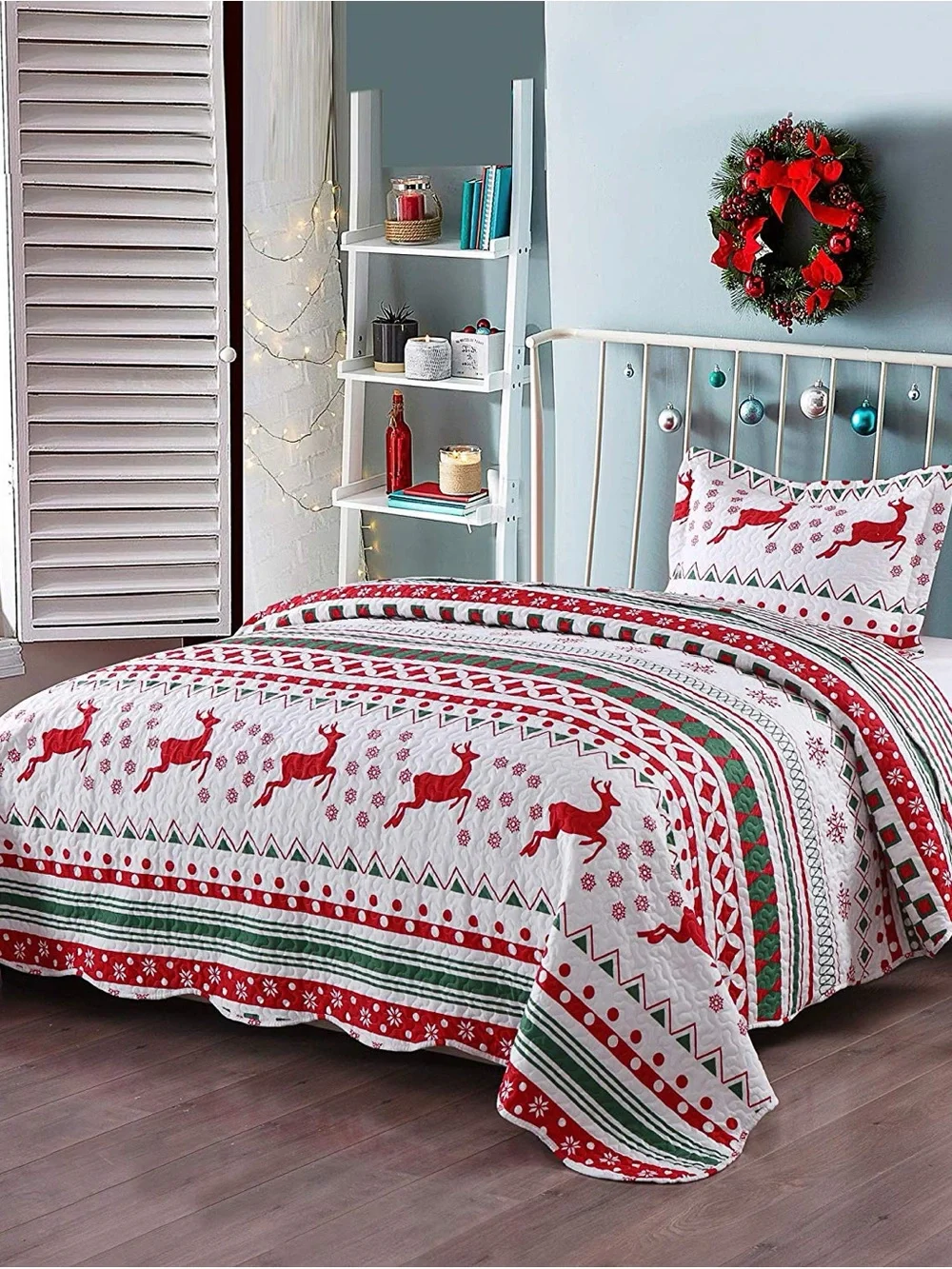 Festive Red & Green Reindeer 2 piece Twin Quilt Set